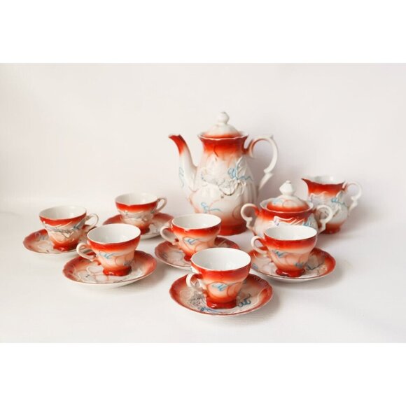 Vintage Moriage Dragon Ware Teapot Sugar Bowl Creamer 6 Demi Tasse Cups & Saucer - Picture 1 of 10